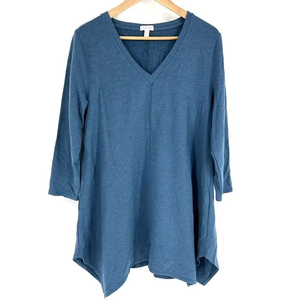 Garnet Hill Shirt Size Medium Teal Blue Pop Over Knit Asymmetric Tunic Top VNeck